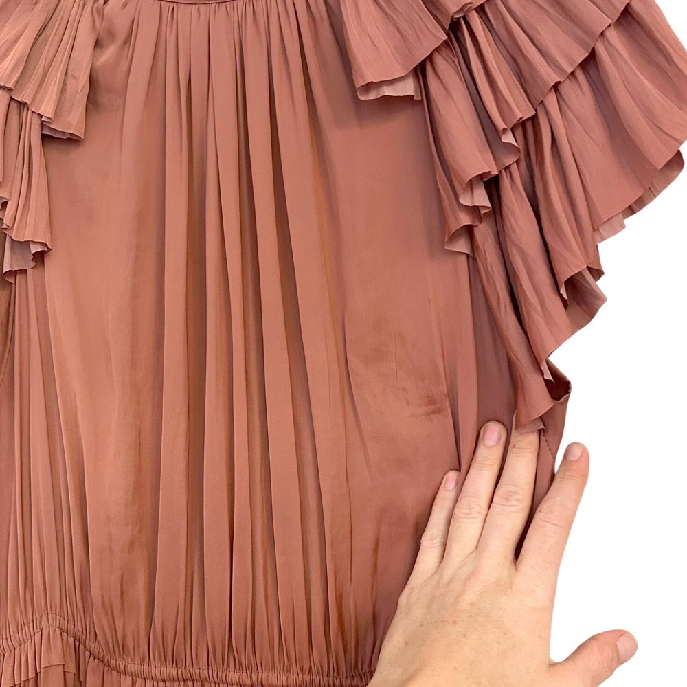 Ulla Johnson Blaire Dress Copper Plisse Satin Ruffle Tiered Midi Womens Size 8 - Picture 10 of 12